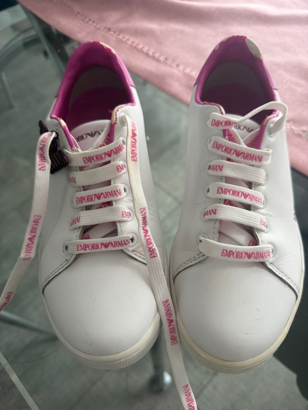 Emporio Armani White Sneakers with Pink Lining and Logo Laces